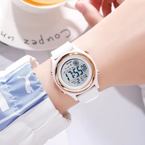 Vista 5 de Relojes digitales para mujer, pantalla LED, correa de silicona, reloj militar, multifunción, impermeable, alarma, cronómetro, retroiluminación LED
