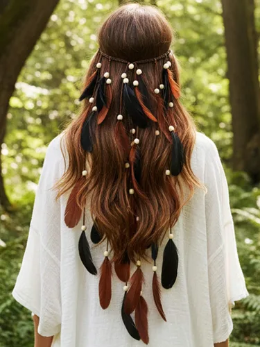 Vista 5 de CAKURE Diadema de plumas bohemias, diadema gitana, diadema hippie india, accesorios para el cabello para mujer