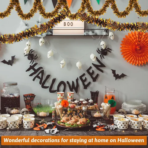 Vista 7 de Bimkole 5 guirnaldas de oropel de Halloween, 5 unidades, 33 pies, color negro y naranja brillante, guirnalda metálica para colgar en fiestas