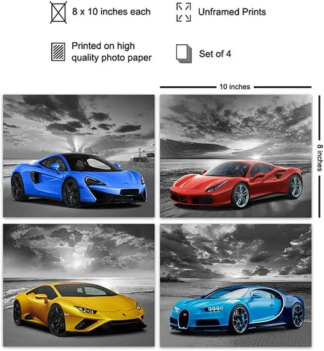 Vista 2 de Lamborghini McLaren Ferrari Bugatti - Arte de pared - Decoración de habitación de niños - Decoración de coche de carreras - Juego de carteles