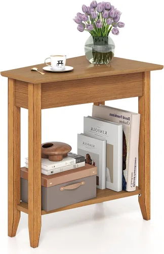 Vista 14 de GOFLAME Mesa auxiliar de cuña de 2 niveles, mesa auxiliar triangular estrecha con estante de almacenamiento, patas de madera maciza, mesita
