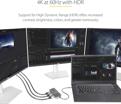 Vista 5 de StarTech USB-C a Triple HDMI MST Hub, 4K 60Hz, HDR, DSC, audio de 2 canales 3-port USB-C to HDMI splitter, Laptop display extender, HDCP 2.2, USB