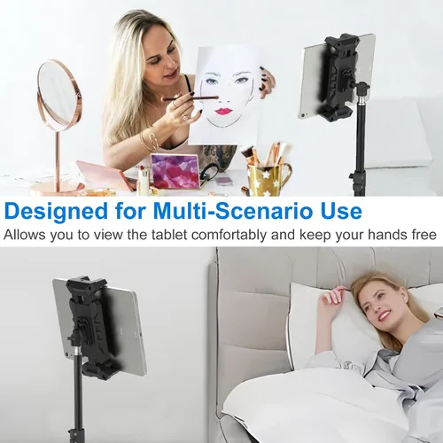 Vista 6 de Soporte de trípode para iPad, trípode ajustable de altura de 63 pulgadas para tableta, rotación de 360°, soporte para iPad mini/Air/Pro, teléfonos