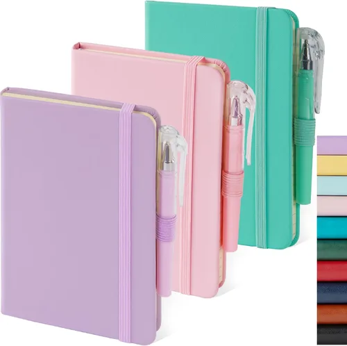 Vista 12 de Paquete de 3 cuadernos rayados con bolígrafo, cuadernos A5 (5.7 x 8.4 pulgadas) de tapa dura de cuero para mujeres y hombres, trabajo, 160 páginas