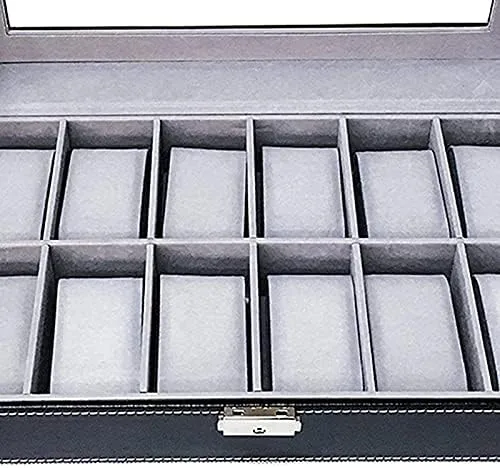 Vista 5 de XWWDP - Caja de reloj grande para hombres, organizador de vitrina de reloj, bandeja organizadora de joyas, parte superior de cristal, piel sintética