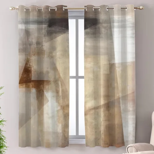 Vista 21 de Shrahala Beige and Orange Abstract Art Brushstrokes Blackout Curtain Tiers, Abstract Oil Paint Kitchen Valance Light Blocking Tier Drapes with Rod