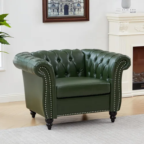 Vista 15 de ORRD Sofá seccional pequeño en forma de L, sofá Chesterfield de cuero copetudo con brazos de desplazamiento y cabeza de clavo para sala de estar