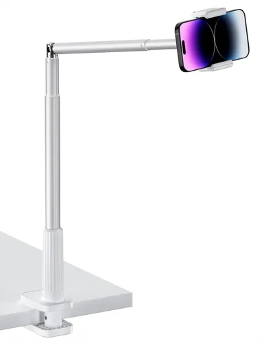 Vista 7 de Viozon Soporte para teléfono, brazo largo flexible, montaje superior, ángulo ajustable de 360°, aleación de aluminio, abrazadera C para cabecero