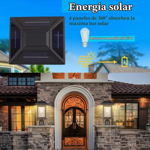 Vista 4 de Luces de poste solares para exteriores, lámparas de poste negro impermeables y antioxidantes con vidrio transparente, lámpara LED alimentada por
