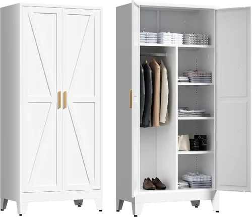Vista 12 de Washsemba - Armario de guardarropas de metal de casa rural de 71'' con barra para colgar, 2 armarios de puerta de granero con estantes ajustables, 2