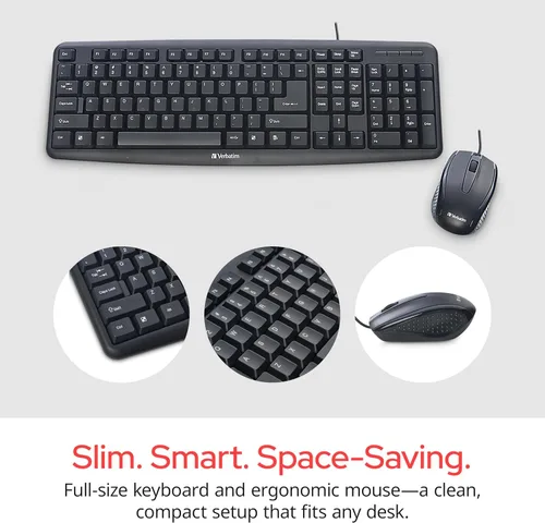 Vista 6 de Verbatim Slimline - Combo de teclado y mouse con cable, teclado numérico USB Plug-and-Play, patas de inclinación ajustables, mouse con cable óptico
