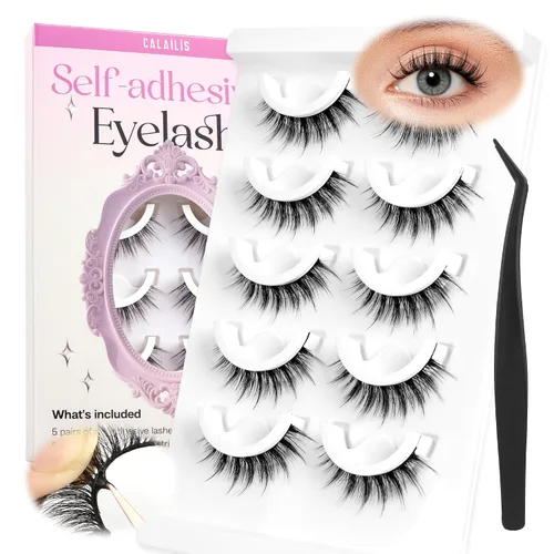 Vista 20 de CALAILIS Pestañas autoadhesivas, 5 pares de pestañas postizas a presión de aspecto natural, sin pegamento, reutilizables, pestañas postizas