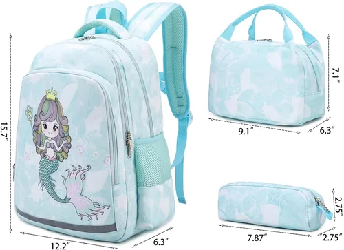 Vista 3 de YCBB Juego de mochilas escolares para niñas, azul, (Blue Mermaid), Mochila, compatible, viaje