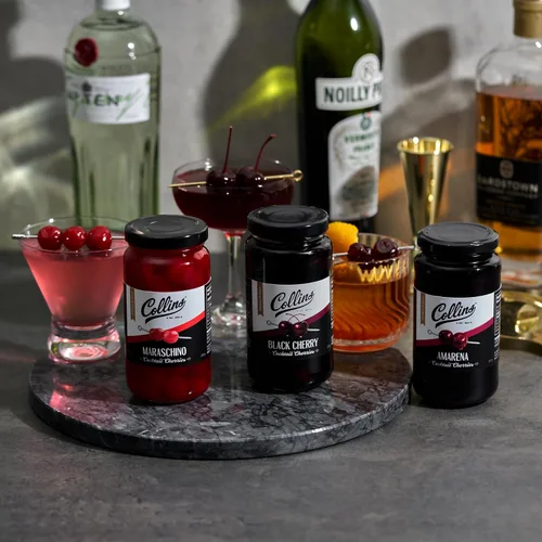 Vista 7 de Collins Amarena Cherries - Guarnición de cóctel prémium para cócteles, mezclas antiguas, cerezas italianas, tarro de cereza agria dulce de 13.4 onzas