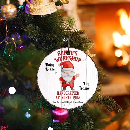Vista 3 de Two-Side Printed Santa's Workshop Ceramic Christmas Ornament, Novelty for Family Friends Kids, Rust Look Edge Christmas Keepsake Pendants