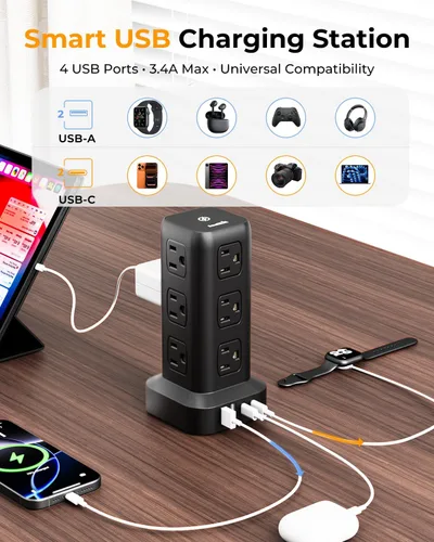 Vista 5 de Regleta de alimentación con 12 tomas, 4 USB (1 USB C), cable de extensión de 6.5 pies con múltiples tomas, estación de carga, torre de regleta