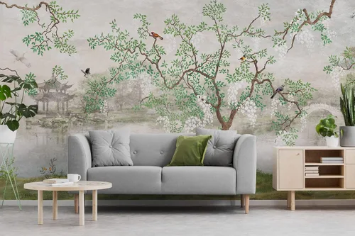 Vista 4 de Murwall Papel pintado de naturaleza japonés jardín mural de pared de paisaje de lago brumoso impresión de pared estilo asiático pájaros arte