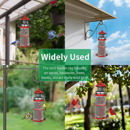 Vista 3 de Comedero Solar para Pájaros Faro con Baliza Giratoria - 14" Colgante Mejor Regalo de Comedero para Amantes de las Aves (Rojo Manzana).