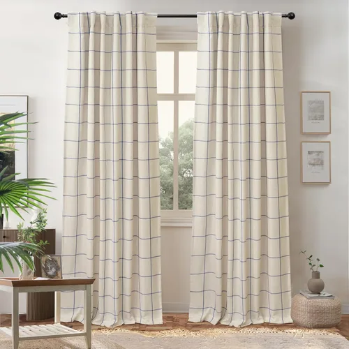 Vista 52 de DriftAway 2 paneles cortinas de lino a cuadros 100% opacas de doble capa cortinas para dormitorio de 96 pulgadas de largo estilo granja con Gris