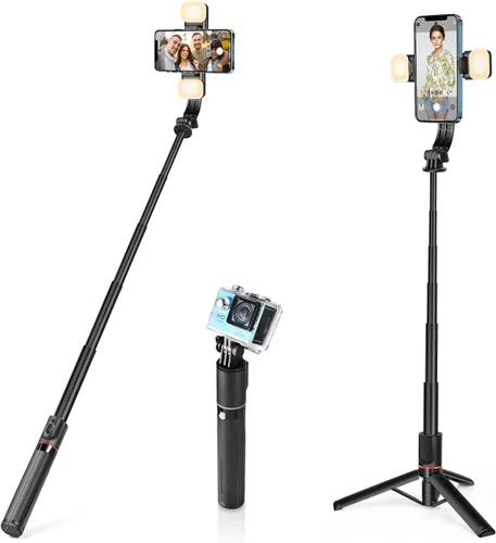 Vista 9 de UTEBIT Trípode para selfie stick con luz, soporte de trípode portátil de 40 pulgadas con control remoto inalámbrico, tornillo de 1/4 pulgadas
