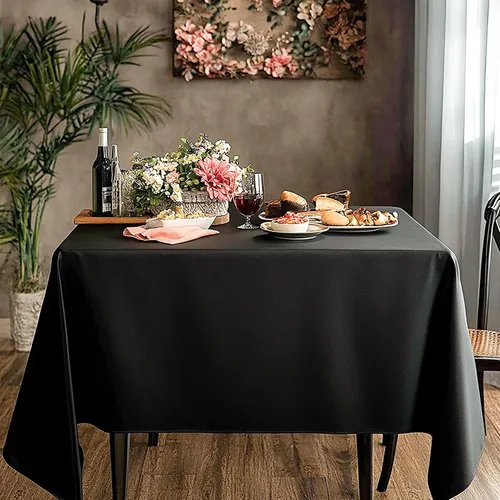 Vista 2 de Mantel Cuadrado 52 x 52 Pulgadas Manteles Negros Resistente a Manchas y Arrugas Lavable de Poliéster para Fiestas, Buffets y Bodas Mantel