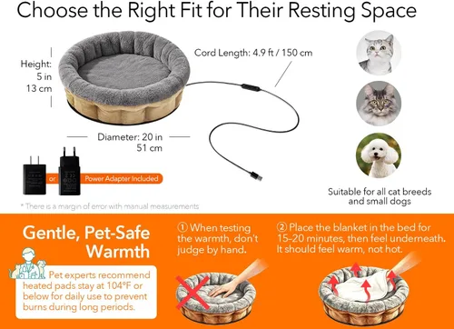 Vista 7 de 5V Heated Pet Bed with Adapter, Dual-Sensor Safety, Cat & Dog, 20