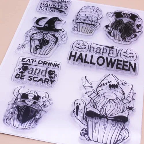 Vista 4 de Happy Hallowwen - Sellos de silicona transparentes para hacer tarjetas, sellos de goma transparente para álbumes de recortes, álbum de fotos, sellos