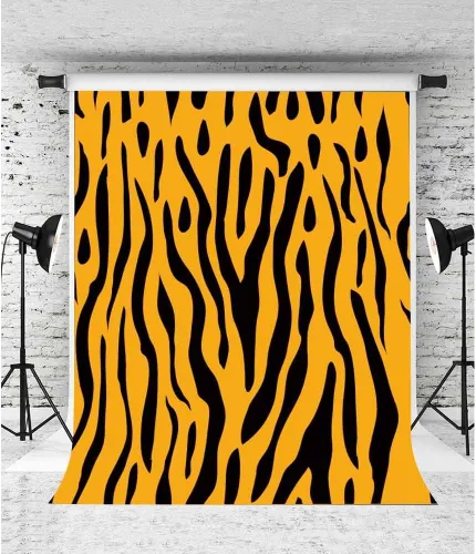 Vista 3 de EOA Telón de fondo amarillo con estampado de tigre de 5 pulgadas de ancho x 7 pies de alto, rayas negras, fondo de fotografía de animales