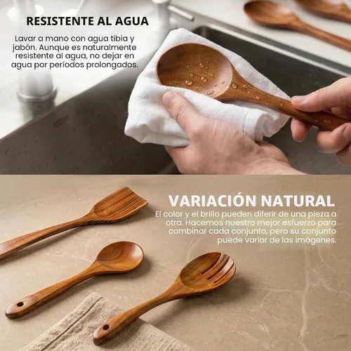 Vista 5 de Zulay Kitchen Juego de 5 cucharas de madera extragrandes - Utensilios de cocina de teca lisa - Cucharón, espátula, espumadera, tenedor, cuchara