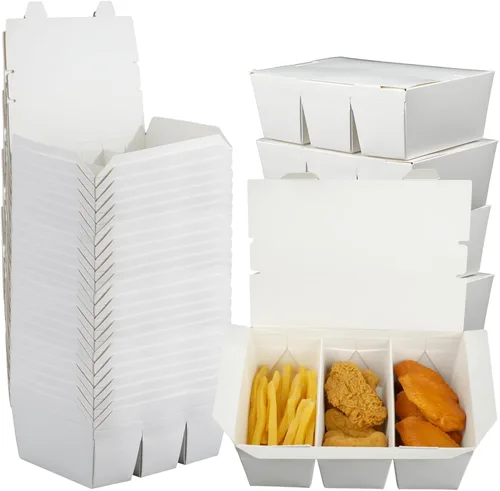 Vista 8 de Paquete de 30 recipientes de comida para llevar, 3 compartimentos de 7.5 x 5.4 x 2.6 pulgadas, cajas de papel de pulpa de bambú para llevar
