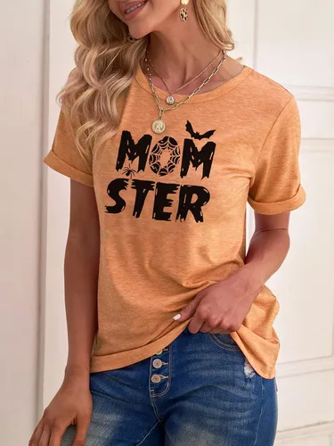 Vista 4 de Camiseta de Momster para mujer, divertida camiseta gráfica de murciélago araña para Halloween, casual, estampado de letras de mamá Ster, tops Hocus