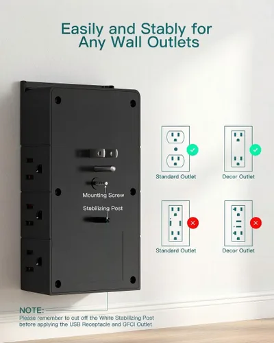 Vista 3 de Addtam Toma de pared con enchufe múltiple, protector de sobretensiones con extensor de 12 tomas de corriente de 4 lados y 3 puertos USB (1 USB-C)