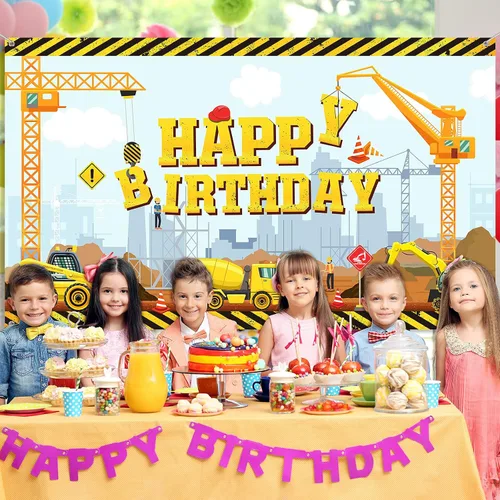 Vista 6 de Irenare Fondo de construcción feliz cumpleaños camión volquete fondo excavadora grúa fiesta de cumpleaños banner excavadora excavadora camión fondo