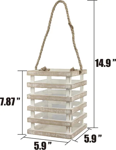 Vista 4 de Stonebriar SB-5080B Linterna de vela de madera blanca desgastada para casa de playa con mango de cuerda y cilindro de vidrio extraíble Hurricane