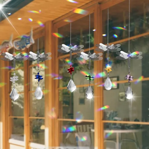Vista 7 de WEISIPU Prisma atrapasoles de cristal – Atrapasoles de libélula para ventanas colgantes de arco iris, decoración de árbol de Navidad, adorno de Verde