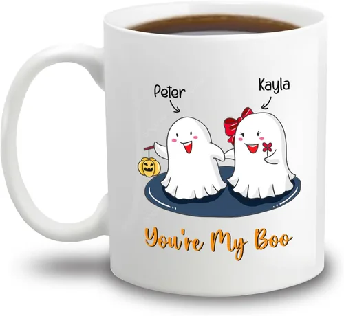 Vista 12 de Taza de café blanca personalizada de Halloween Besties, Besties Forever y 3 tazas de café Boo de 11 onzas y 15 onzas, bonita taza de cerámica Boo