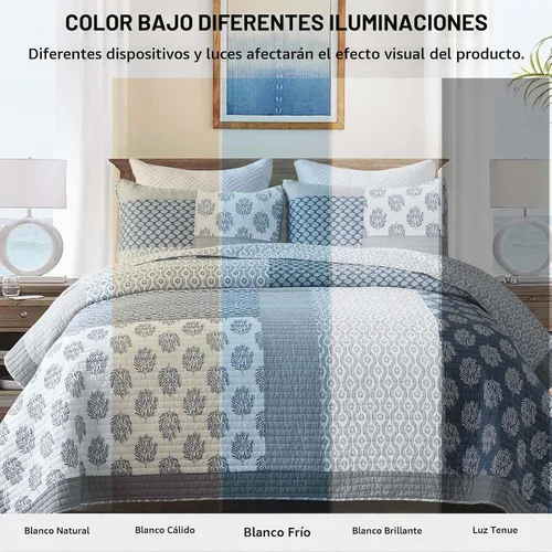 Vista 7 de KALOOLA - Juego de ropa de cama con colcha acolchada de retazos tamaño queen, 100% algodón, colcha ligera con 2 fundas de almohada, colcha Azul
