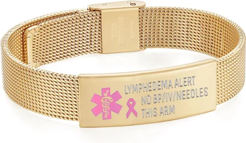 Vista 5 de Pulsera de alerta de linfedema, ajustable, malla de acero inoxidable, sin bp, sin agujas, para mujeres, pulseras médicas de emergencia para cáncer