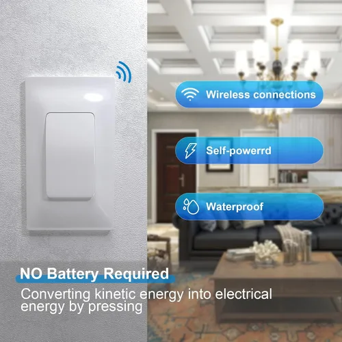 Vista 2 de Milfra Paquete de 2 interruptores de luz inalámbricos y kit de receptor (paquete de 2) autoalimentado (no requiere batería), interruptor de luz
