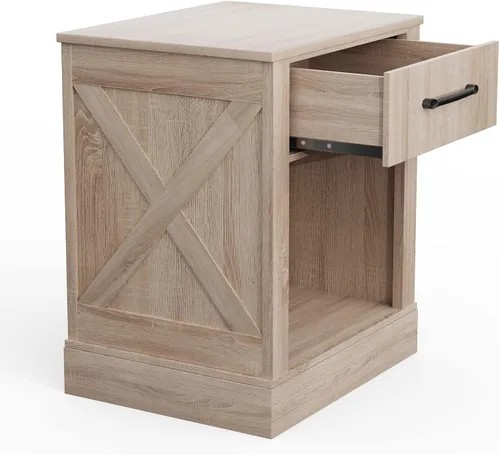 Vista 9 de Giantex Mesita de noche de granja, mesa auxiliar rústica con cajones y compartimento abierto, mesa auxiliar de madera para dormitorio, mesita