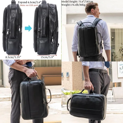 Vista 2 de Masa Kawa Mochila para portátil de cuero delgado de 15.6 pulgadas para hombre, maletín convertible, mochilas expandibles, color negro, bolsa