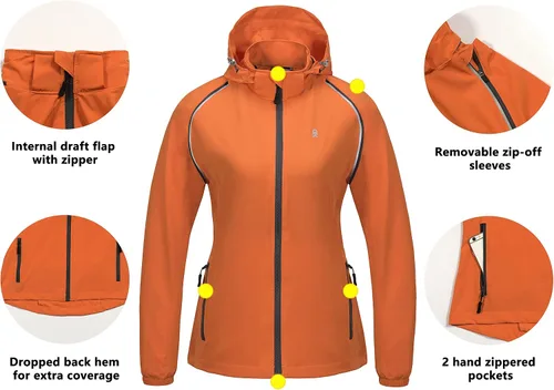Vista 5 de Little Donkey Andy Chaqueta de correr de secado rápido para mujer UPF 50+ con mangas desmontables y capucha