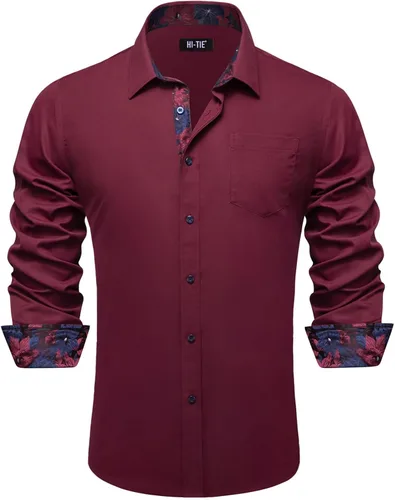 Vista 28 de Hi-Tie Camisa de manga larga jacquard con contraste interior sin arrugas para hombre