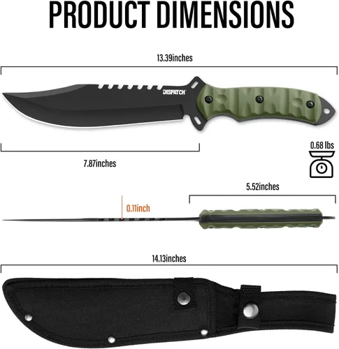 Vista 2 de Dispatch Cuchillo de caza de supervivencia con funda, cuchillo táctico Bowie de hoja fija de espiga completa de 13.5 pulgadas con parte trasera