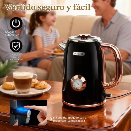 Vista 3 de INFOOD Hervidor eléctrico retro de 1.7 l/57 onzas con termómetro – Hervidor de té de agua caliente de acero inoxidable de 1500 W de ebullición