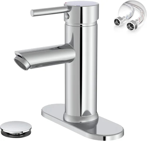 Vista 13 de Grifos de baño negros y dorados de 1 agujero, un solo mango, grifo de lavabo de baño moderno comercial con placa de cubierta, drenaje desplegable