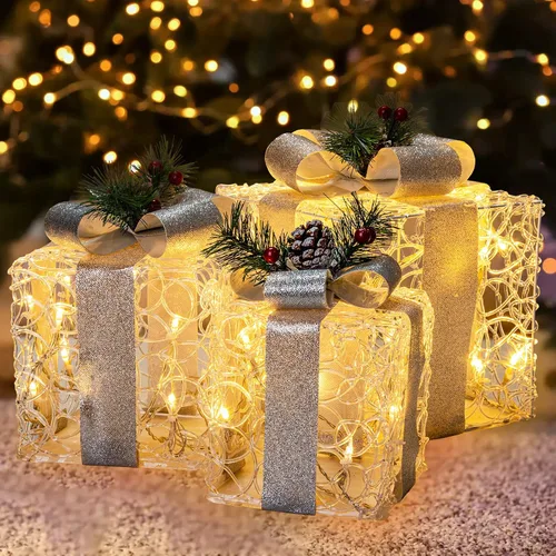Vista 7 de PEIDUO Cajas de regalo iluminadas de Navidad, juego de 3, decoraciones de regalo al aire libre, paquetes debajo del árbol para interiores, fiestas