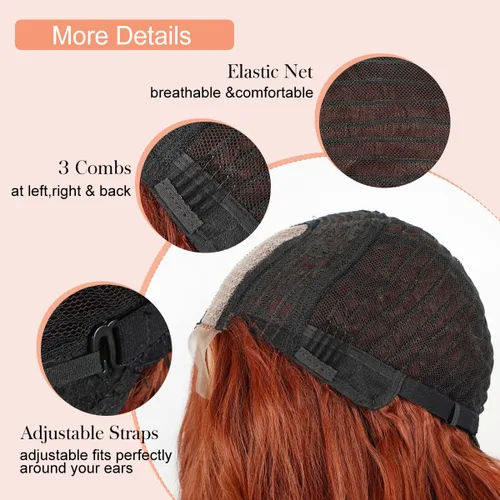 Vista 7 de Halcyon Peluca larga de color rojo cobre castaño rojizo para mujeres negras, peluca ondulada de aspecto natural, peluca sintética de aspecto Cobre