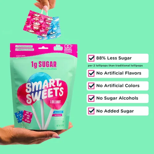 Vista 4 de SmartSweets Paletas, 3oz, sabor a frambuesa azul y sandía, caramelo duro con bajo contenido de azúcar (1g), bajo en calorías (40), sin edulcorantes