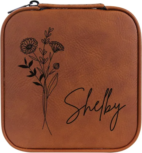Vista 18 de Joyero de flores de nacimiento personalizado Estuche de viaje (cuero crudo, abril - guisante dulce)